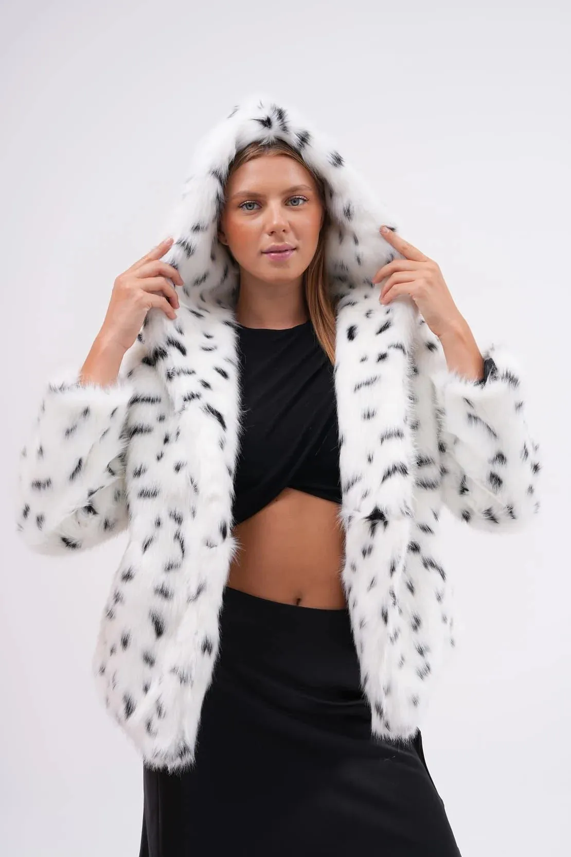 Snow Leopard Hooded Faux Fur Coat  White