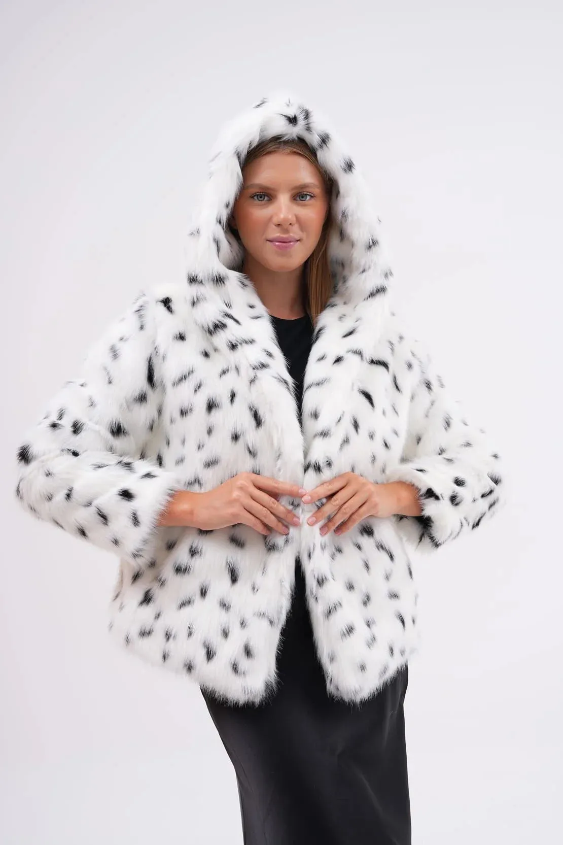 Snow Leopard Hooded Faux Fur Coat  White
