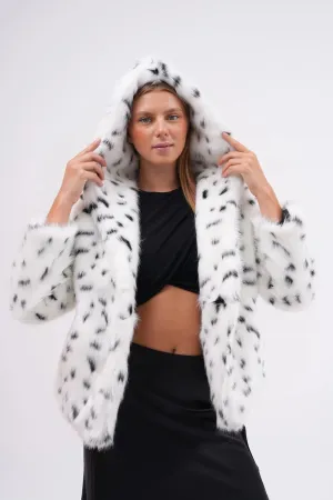 Snow Leopard Hooded Faux Fur Coat  White