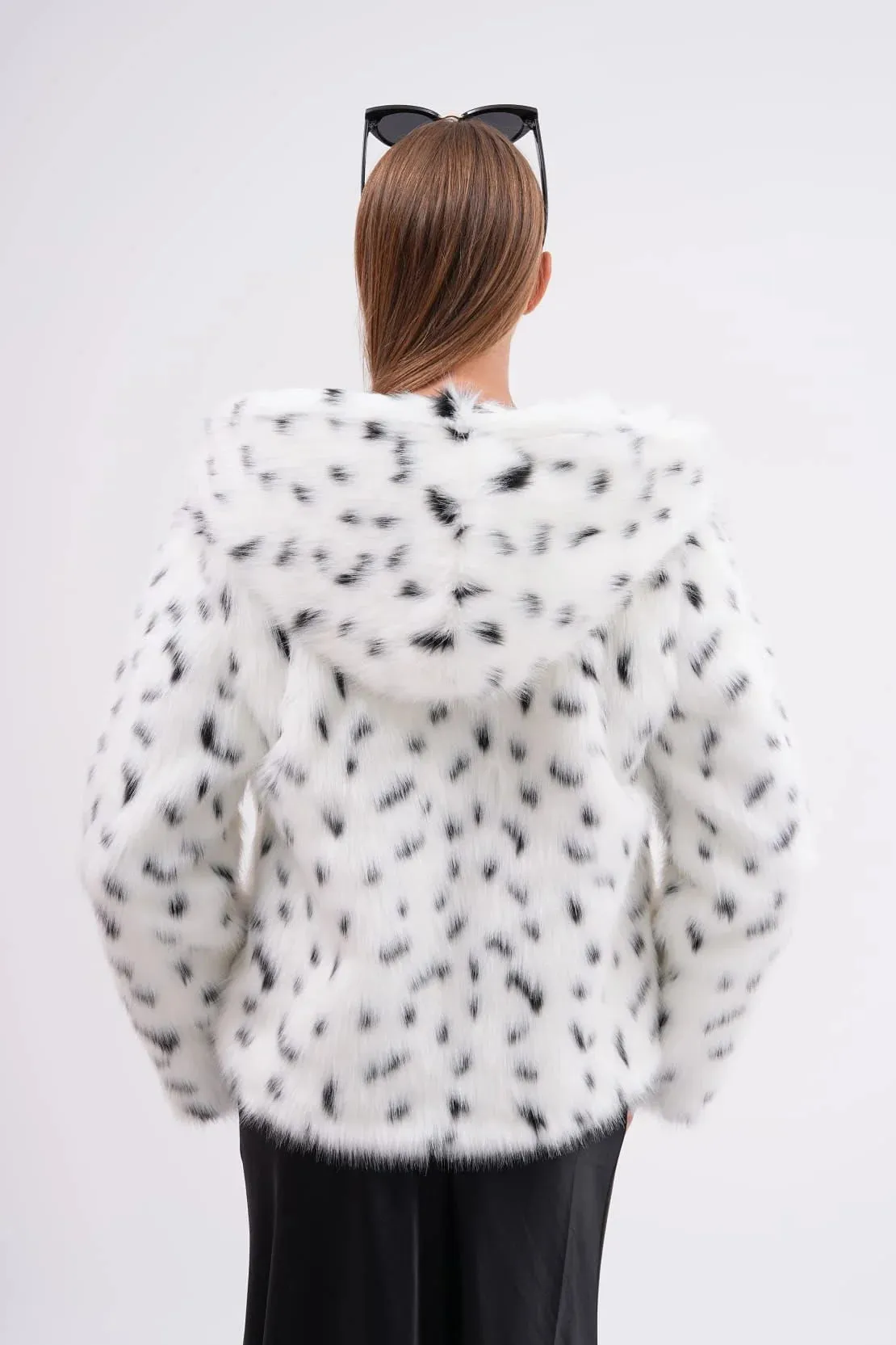 Snow Leopard Hooded Faux Fur Coat  White