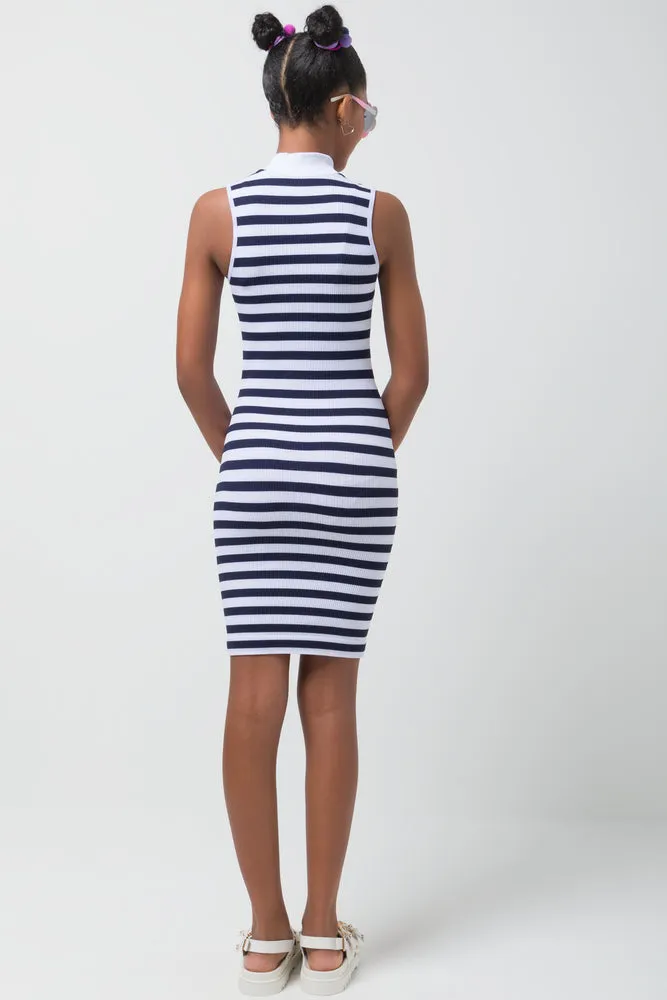 Stripe Seamless Turtleneck Sleeveless Dress Navy