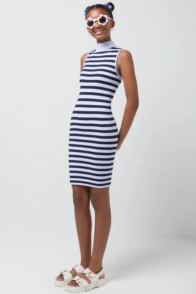 Stripe Seamless Turtleneck Sleeveless Dress Navy