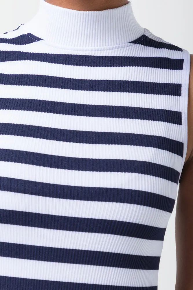 Stripe Seamless Turtleneck Sleeveless Dress Navy