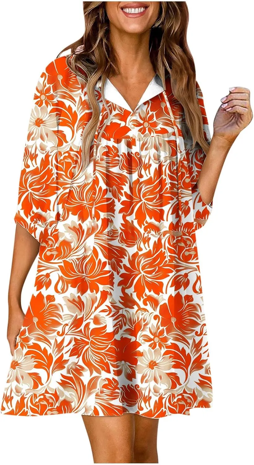 Summer Flowy Tunic Dresses for Women Cute Boho Floral Print Dress V Neck 3/4 Sleeve Smocked Mini Babydoll Sun dresses