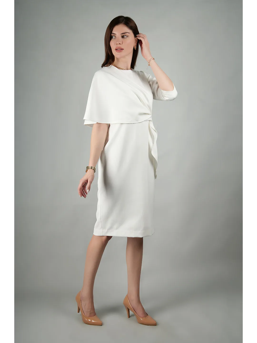 White Blended Fabric Incandescent Draped Dress