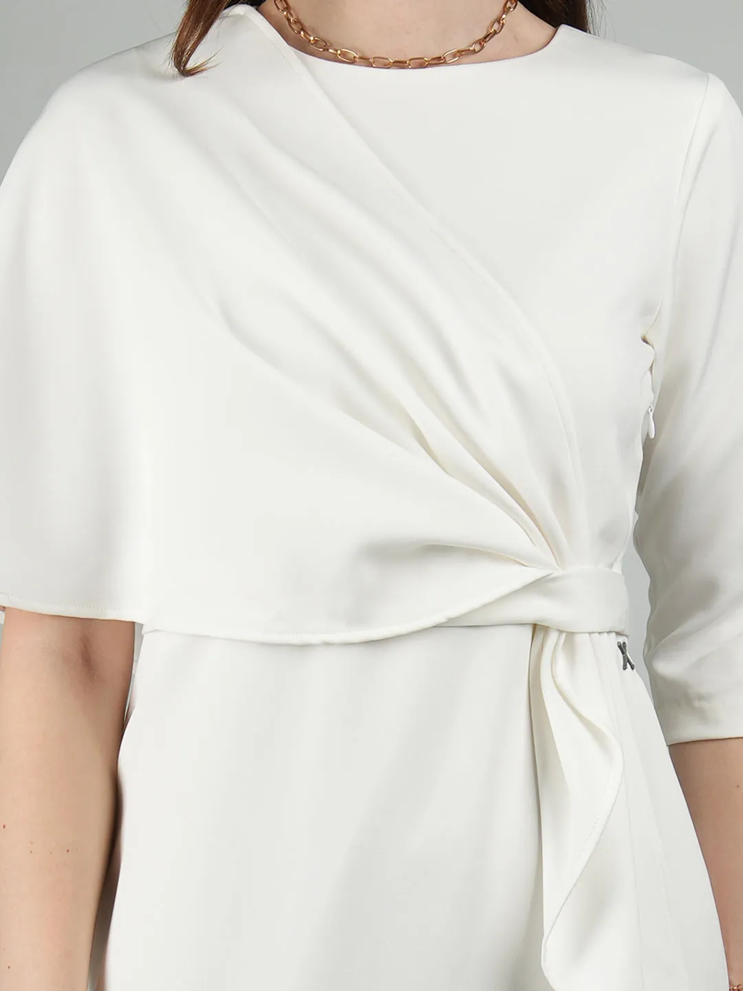 White Blended Fabric Incandescent Draped Dress