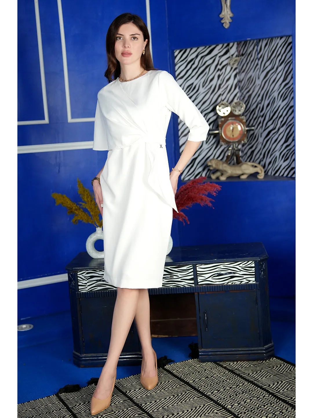 White Blended Fabric Incandescent Draped Dress