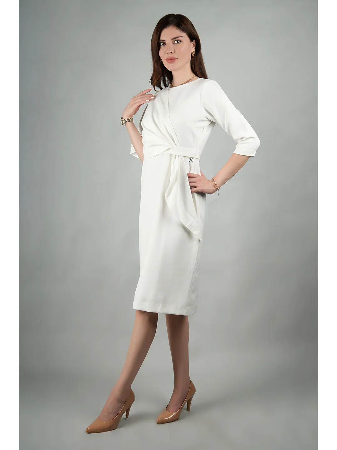 White Blended Fabric Incandescent Draped Dress
