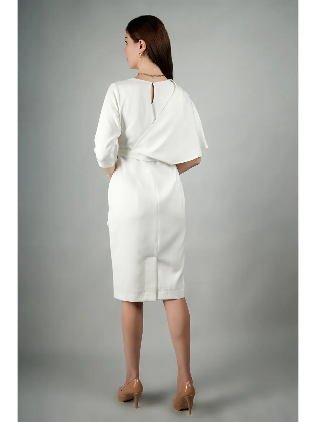 White Blended Fabric Incandescent Draped Dress