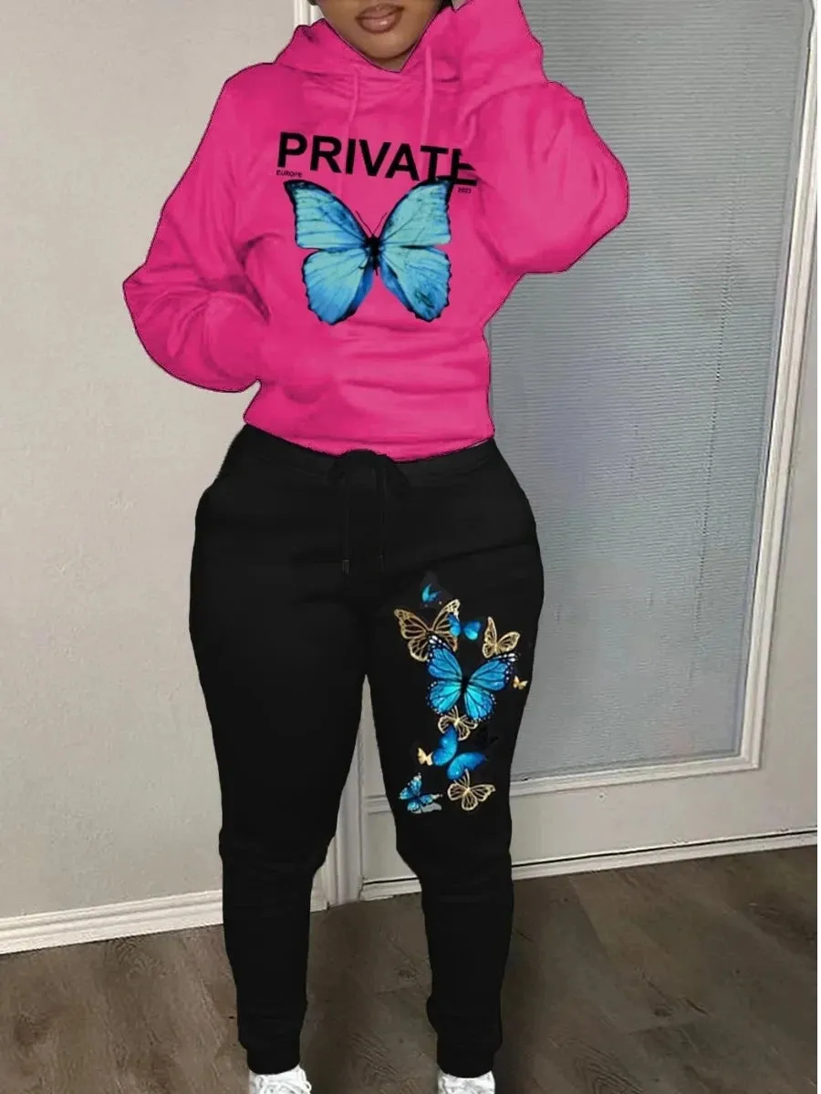 Women's 2-Piece Butterfly Tracksuit Set - Long Sleeve Kangaroo Pocket Sweatshirt and Skinny Pants Outfit