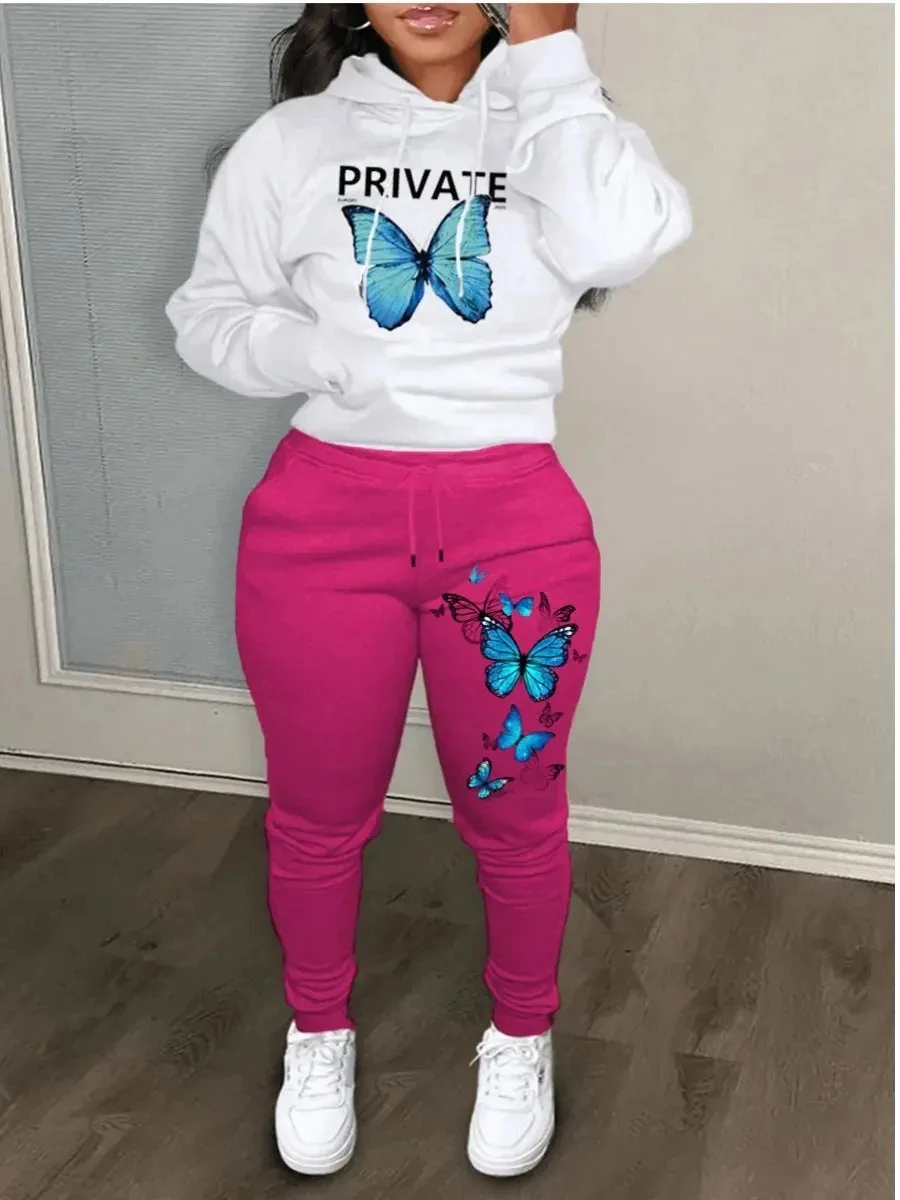 Women's 2-Piece Butterfly Tracksuit Set - Long Sleeve Kangaroo Pocket Sweatshirt and Skinny Pants Outfit