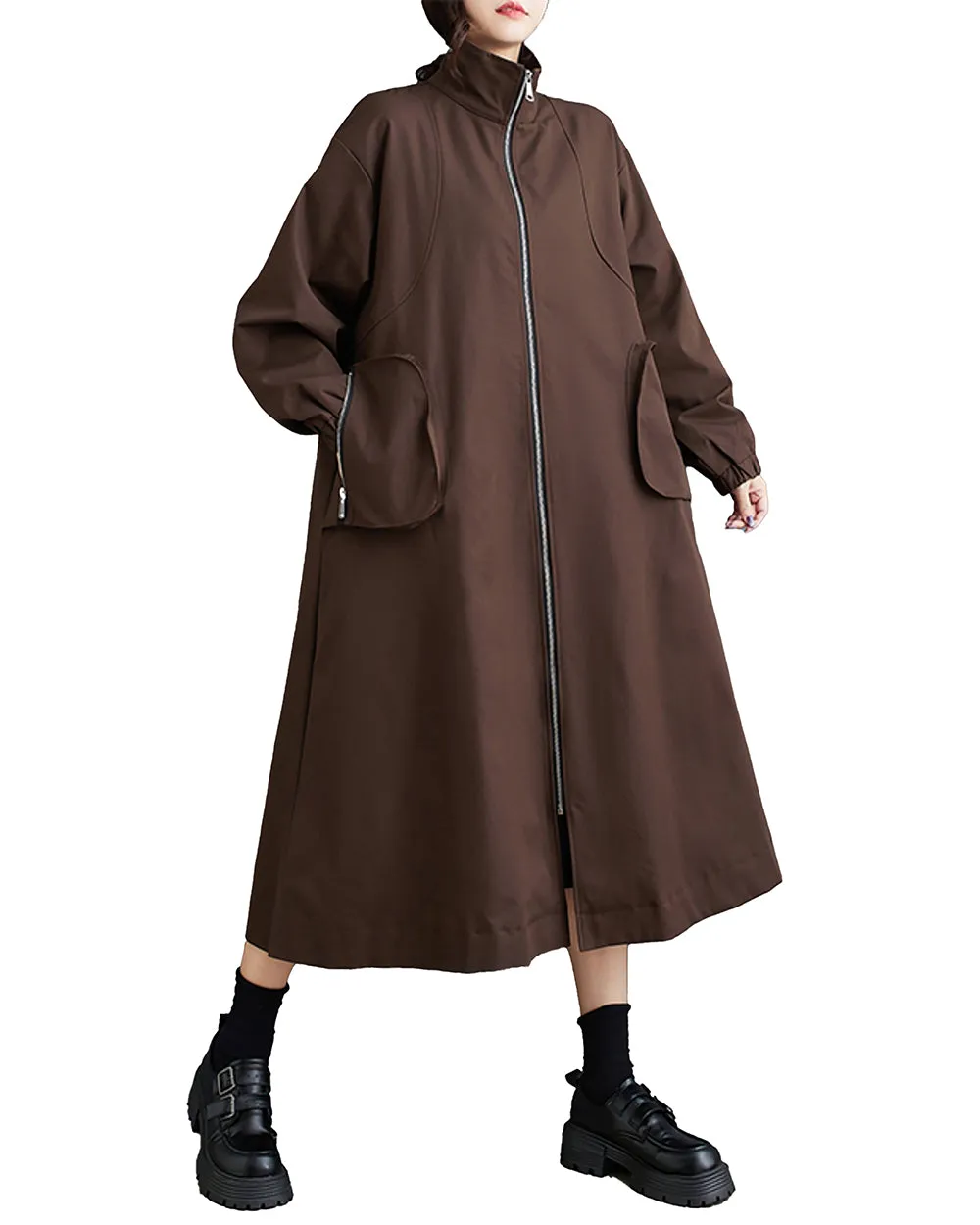 Women's Coat High Neck Long Sleeve Zipper Solid Color Below the Knee Pocket Loose Jacket GZ313