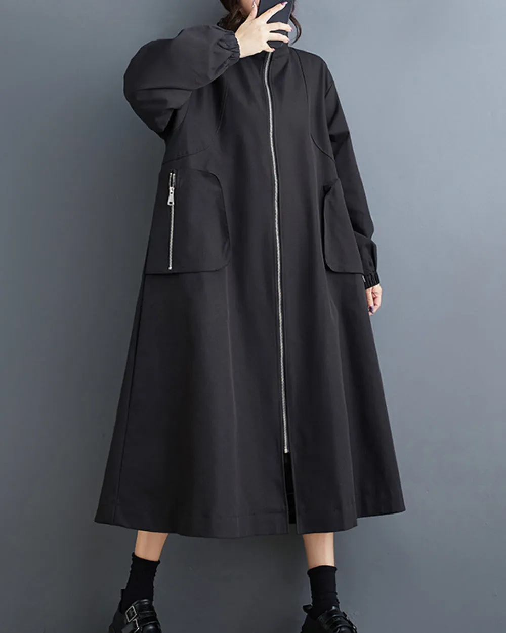 Women's Coat High Neck Long Sleeve Zipper Solid Color Below the Knee Pocket Loose Jacket GZ313