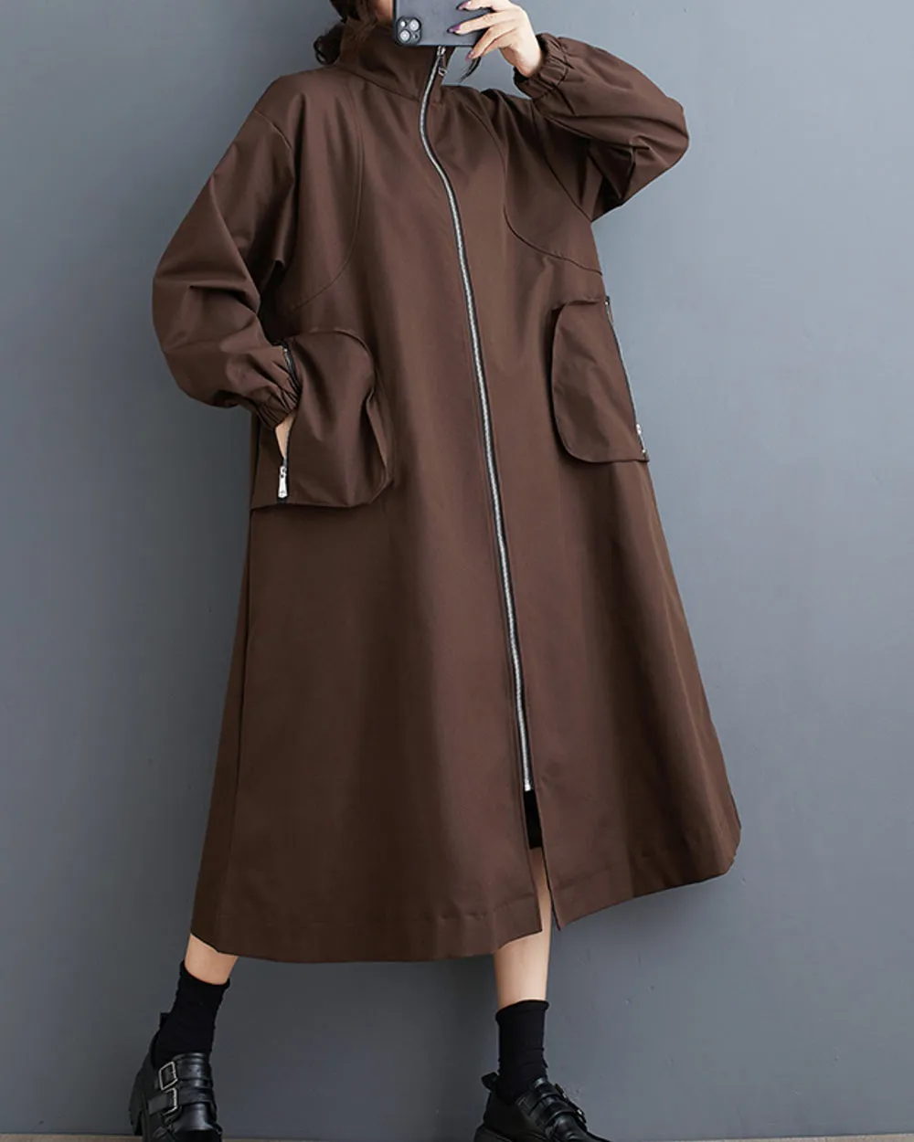 Women's Coat High Neck Long Sleeve Zipper Solid Color Below the Knee Pocket Loose Jacket GZ313