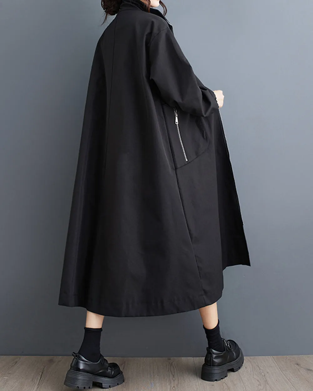 Women's Coat High Neck Long Sleeve Zipper Solid Color Below the Knee Pocket Loose Jacket GZ313