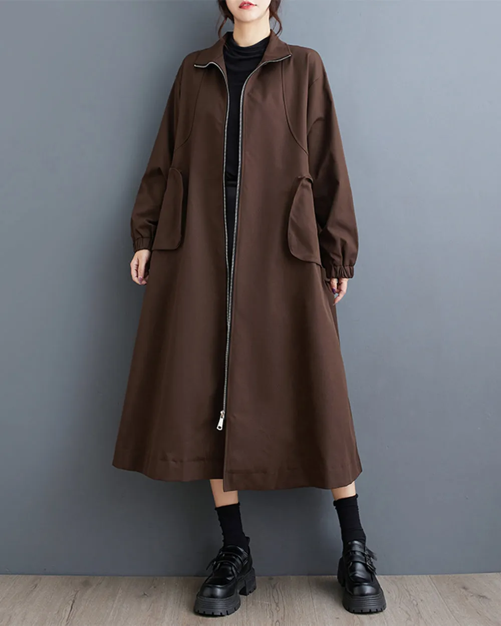 Women's Coat High Neck Long Sleeve Zipper Solid Color Below the Knee Pocket Loose Jacket GZ313