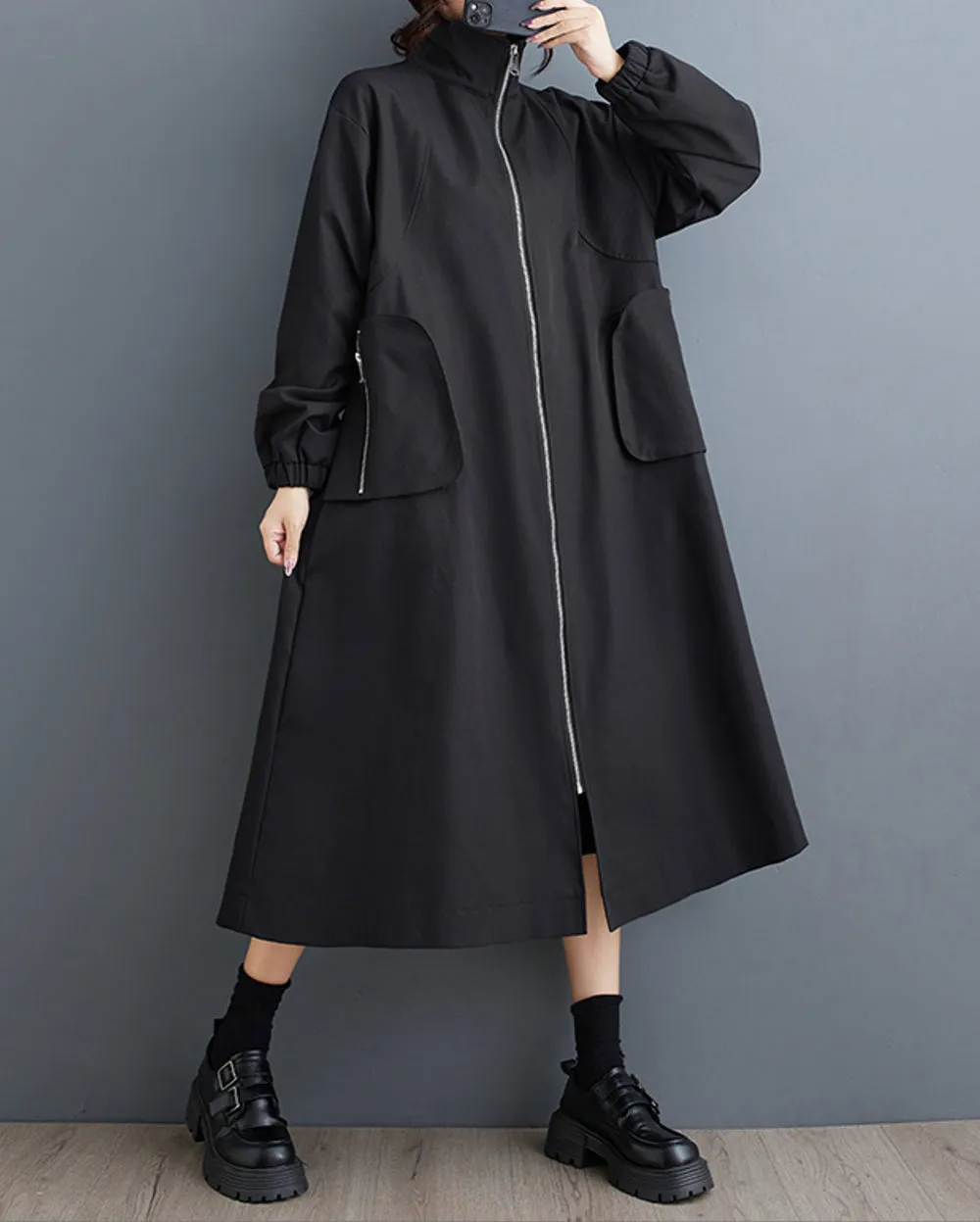 Women's Coat High Neck Long Sleeve Zipper Solid Color Below the Knee Pocket Loose Jacket GZ313
