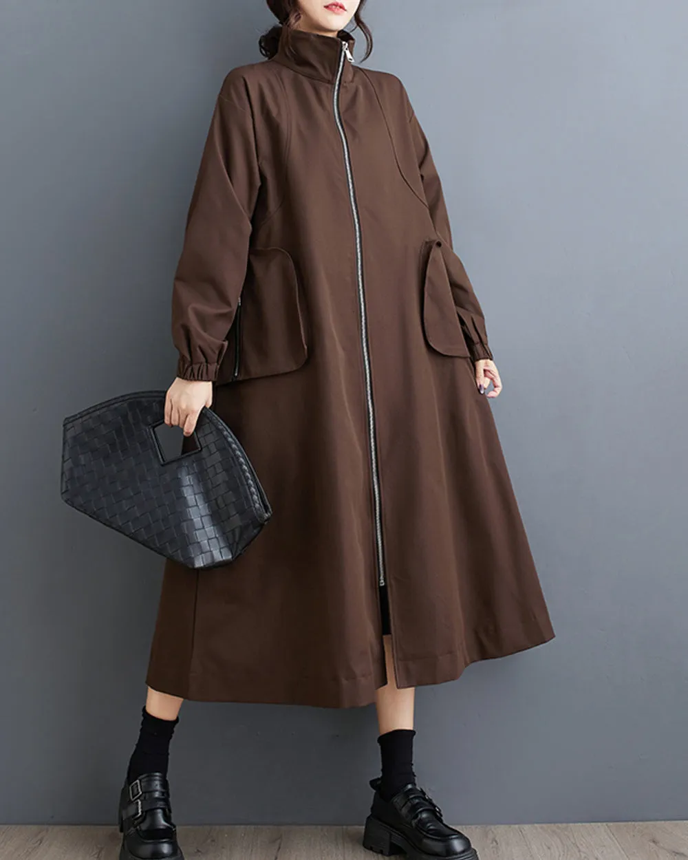 Women's Coat High Neck Long Sleeve Zipper Solid Color Below the Knee Pocket Loose Jacket GZ313