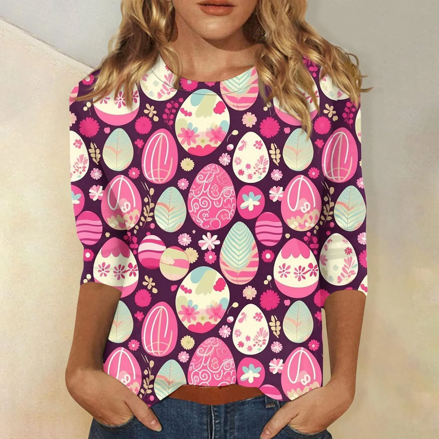 Womens Cute Bunny Rabbit Print T Shirt Happy Easter Graphic Tee 3/4 Length Sleeve Round Neck Blouse Casual Easter Top