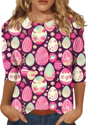 Womens Cute Bunny Rabbit Print T Shirt Happy Easter Graphic Tee 3/4 Length Sleeve Round Neck Blouse Casual Easter Top