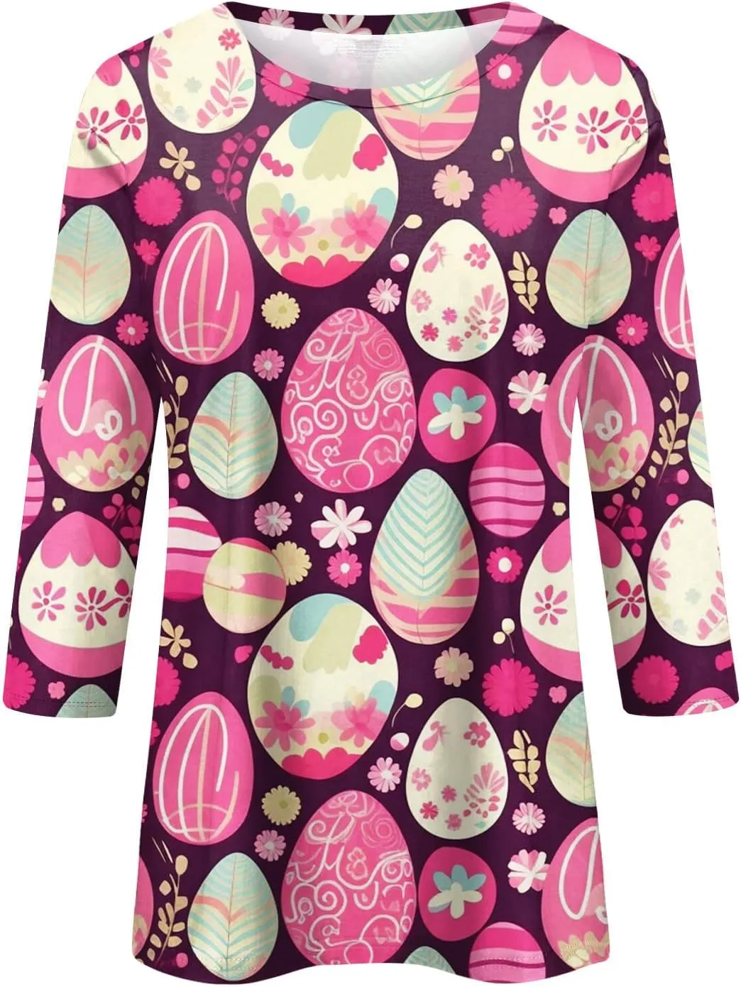 Womens Cute Bunny Rabbit Print T Shirt Happy Easter Graphic Tee 3/4 Length Sleeve Round Neck Blouse Casual Easter Top