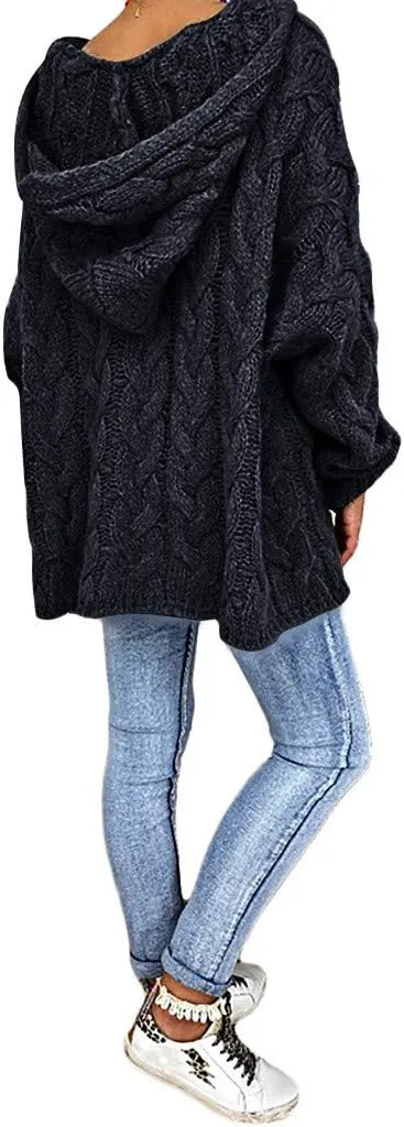 Womens Oversized Hooded Sweater Chunky Cable Knit Pullover Tops Long Sleeve Loose Fit Simple Solid Fall Hoodies