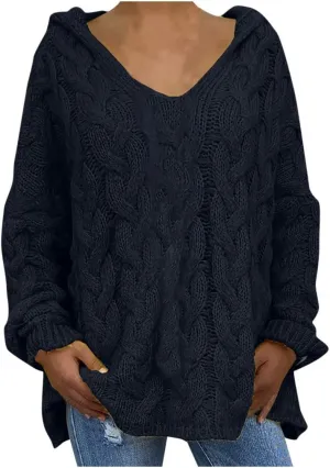 Womens Oversized Hooded Sweater Chunky Cable Knit Pullover Tops Long Sleeve Loose Fit Simple Solid Fall Hoodies