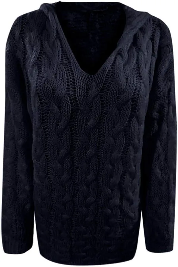 Womens Oversized Hooded Sweater Chunky Cable Knit Pullover Tops Long Sleeve Loose Fit Simple Solid Fall Hoodies