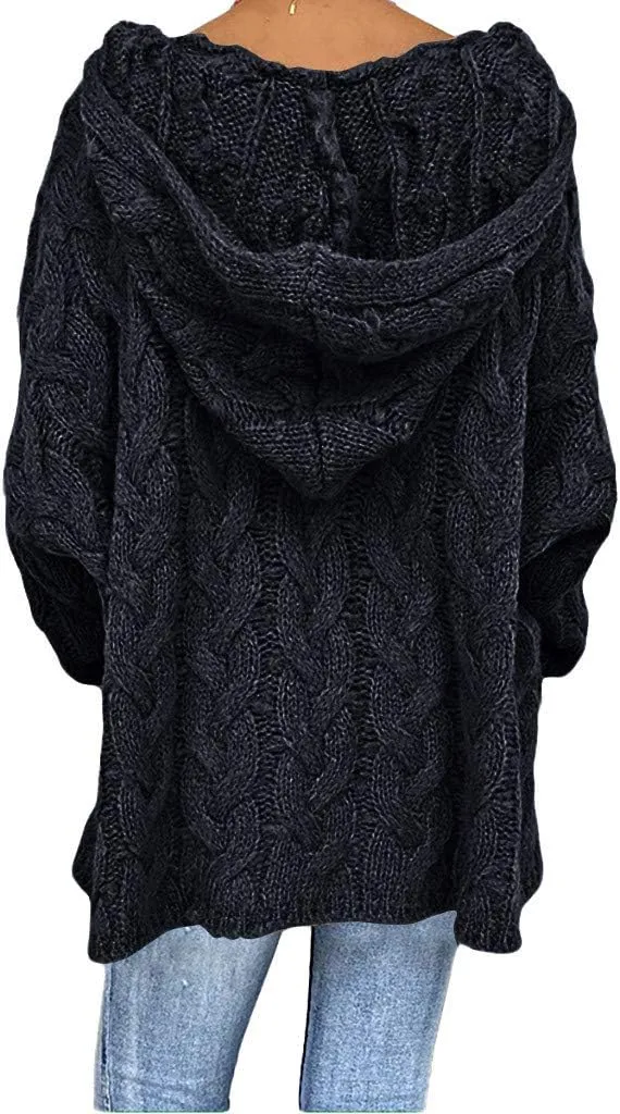 Womens Oversized Hooded Sweater Chunky Cable Knit Pullover Tops Long Sleeve Loose Fit Simple Solid Fall Hoodies
