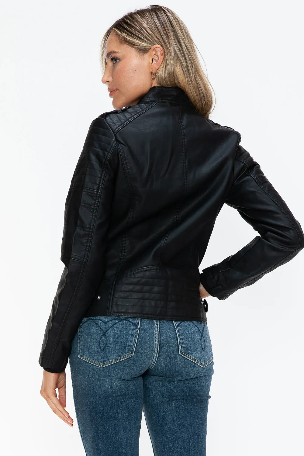 Women's PU Leather Biker Jacket with Side Zip Pockets