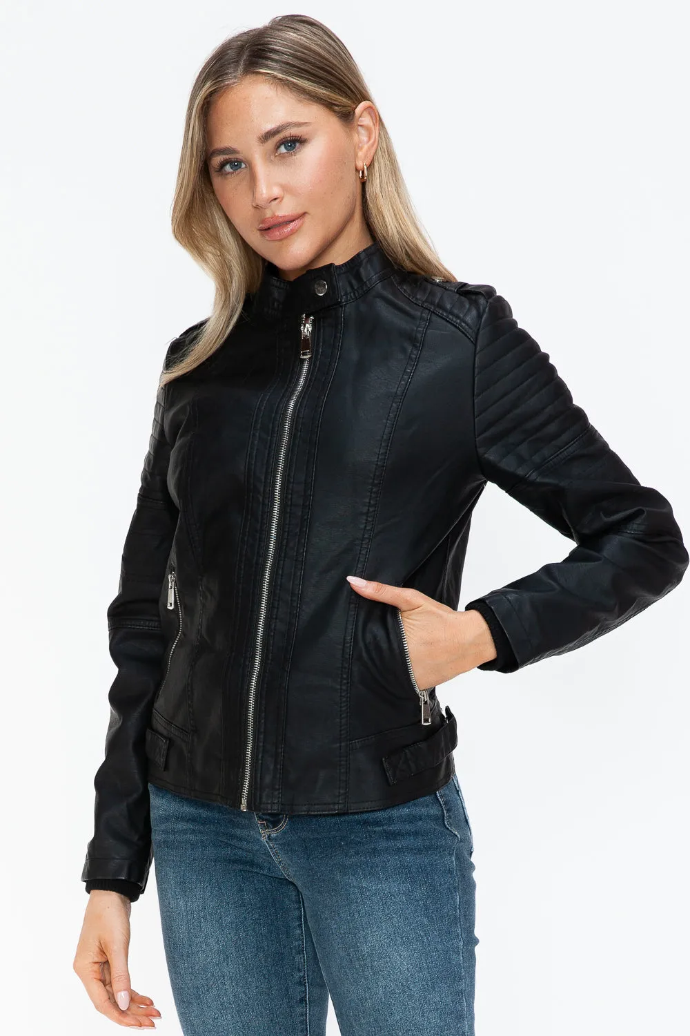 Women's PU Leather Biker Jacket with Side Zip Pockets
