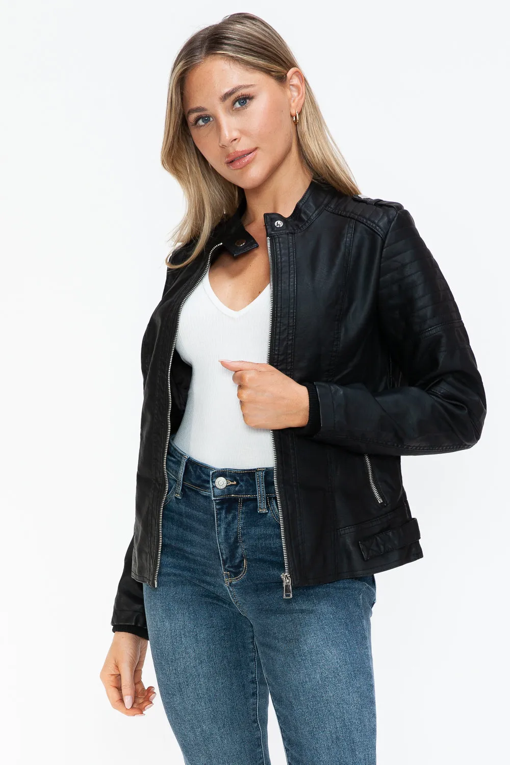 Women's PU Leather Biker Jacket with Side Zip Pockets