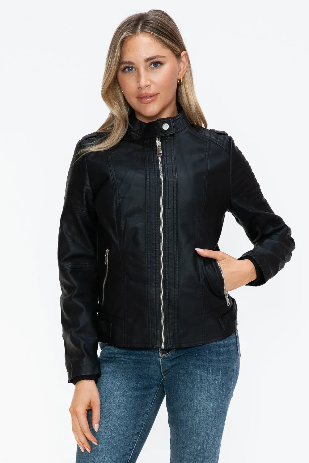 Women's PU Leather Biker Jacket with Side Zip Pockets