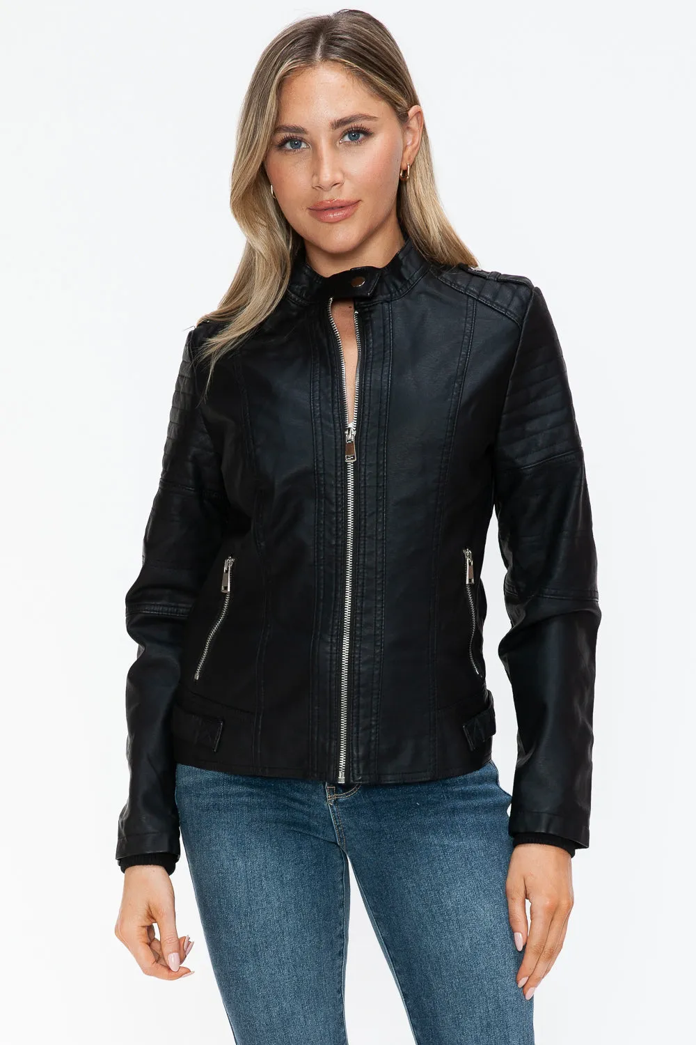 Women's PU Leather Biker Jacket with Side Zip Pockets