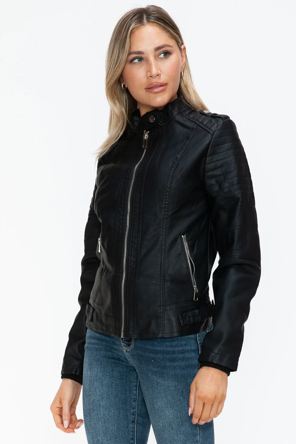 Women's PU Leather Biker Jacket with Side Zip Pockets