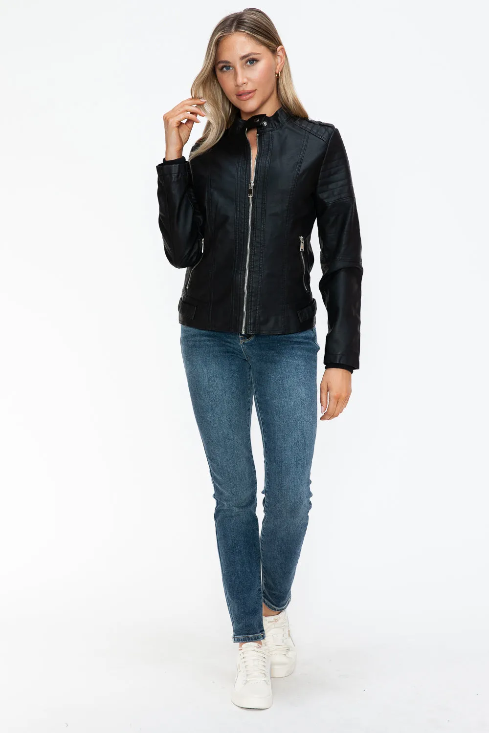 Women's PU Leather Biker Jacket with Side Zip Pockets