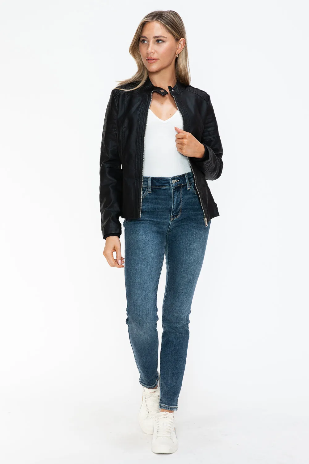 Women's PU Leather Biker Jacket with Side Zip Pockets